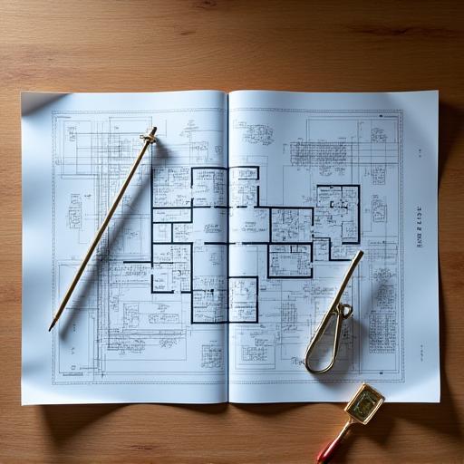 Architectural blueprints and a compass on a wooden desk.